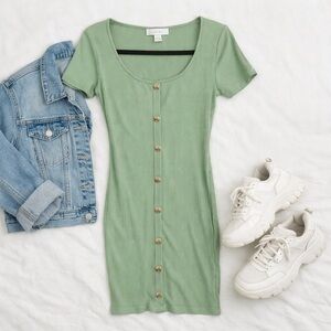 AMISU Sage Green Ribbed Button Front Midi Dress Bodycon Scoop Neck Size 10
